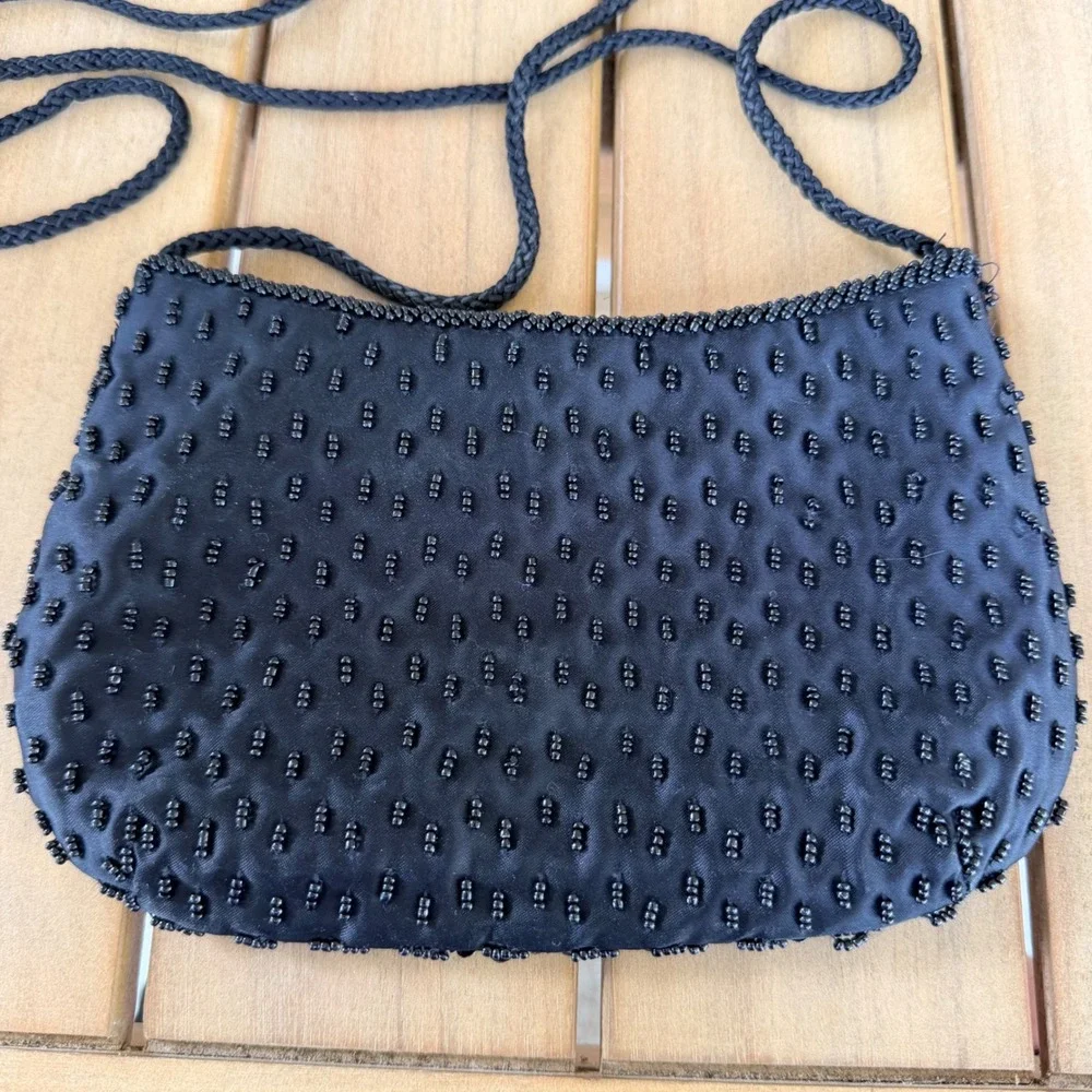 The Sak Black Beaded Sequin Evening Bag Small Crossbody Art Deco Glam Formal